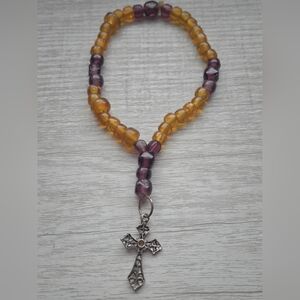 Anglican prayer bead rosary with purple & amber-colored glass beads silver cross